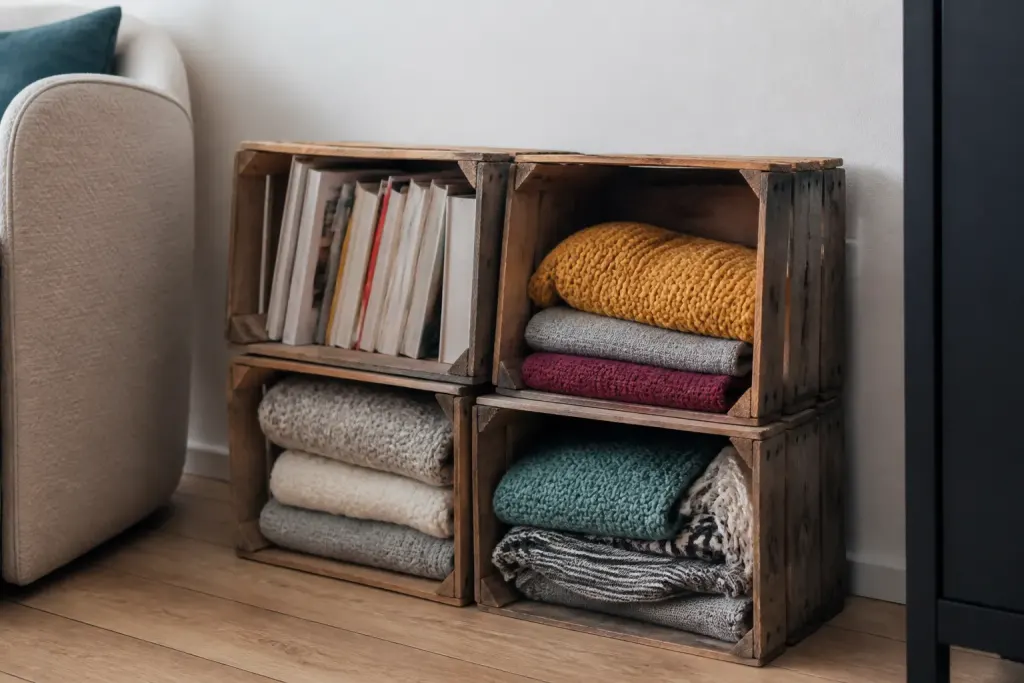 Caisses bois empilees avec livres et plaids ranges