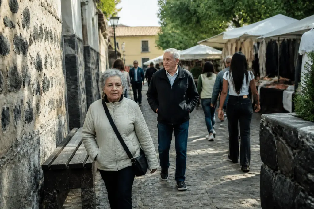 Residents walking through peaceful town center with market stalls and shops
