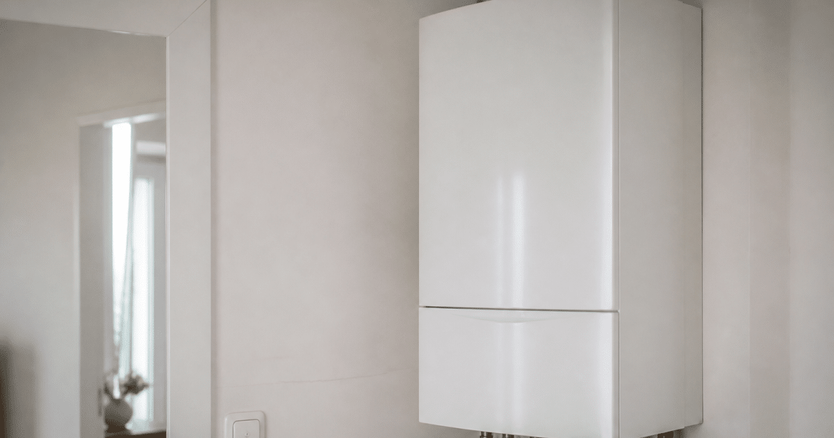 Chaudiere gaz condensation moderne installee au mur blanc