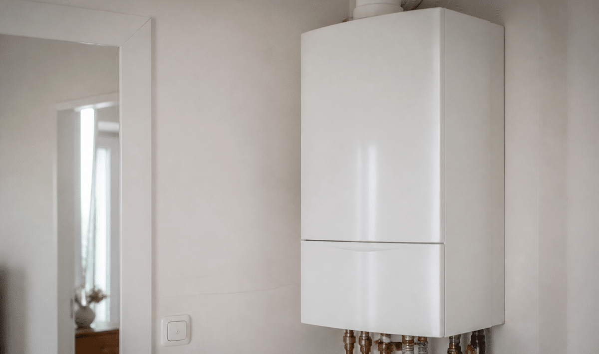 Chaudiere gaz condensation moderne installee au mur blanc