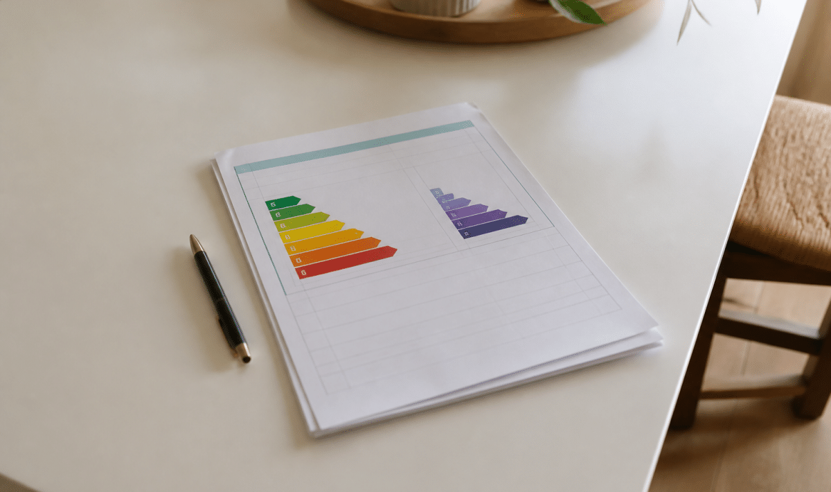 Document officiel DPE posé sur table blanche avec dates visibles