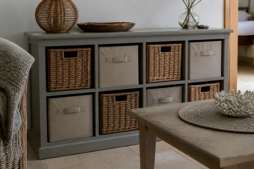 Meuble rangement peint avec paniers osier et boites tissu