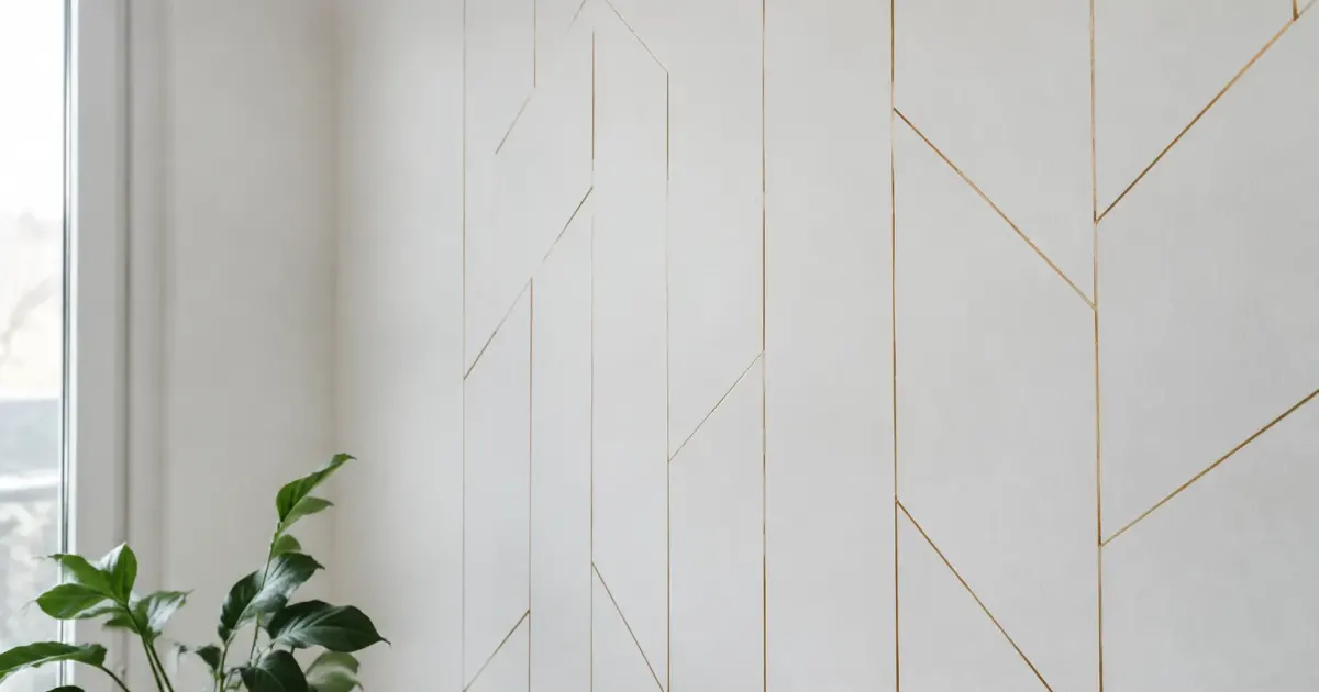 Motifs geometriques fins ornant mur blanc vertical