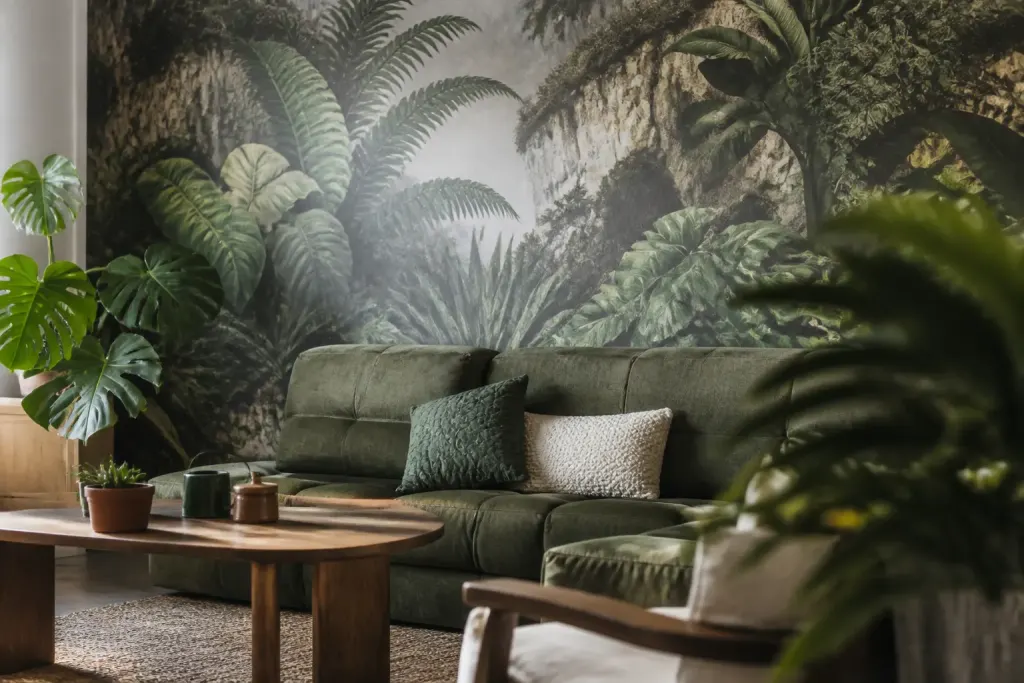 Papier peint panoramique jungle tropicale vert profond pierre