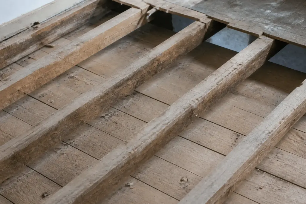 Plancher bois ancien avec solives visibles et lames perpendiculaires