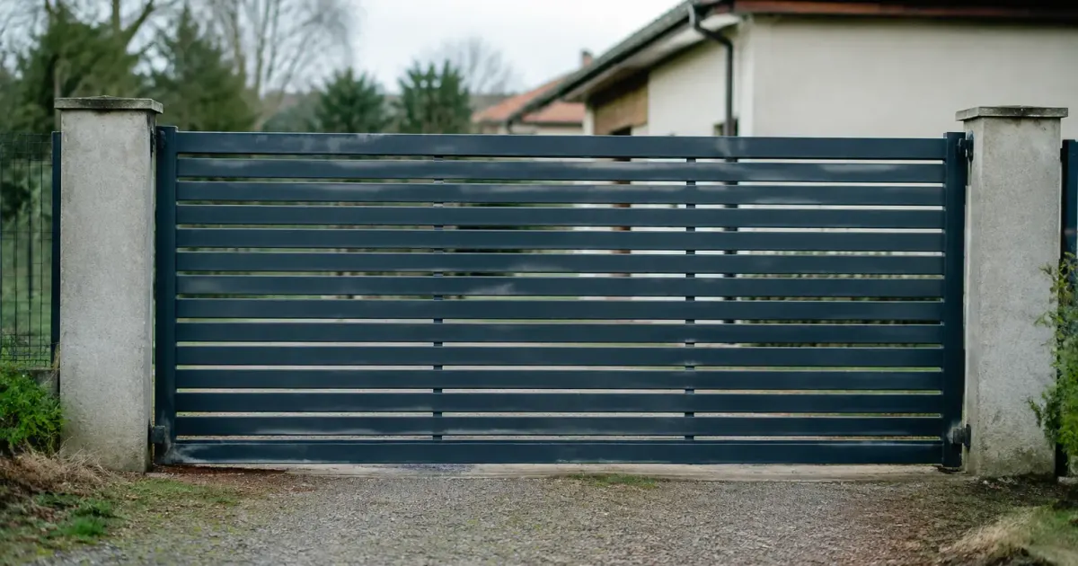 Portail metallique horizontal tendu entre deux piliers beton