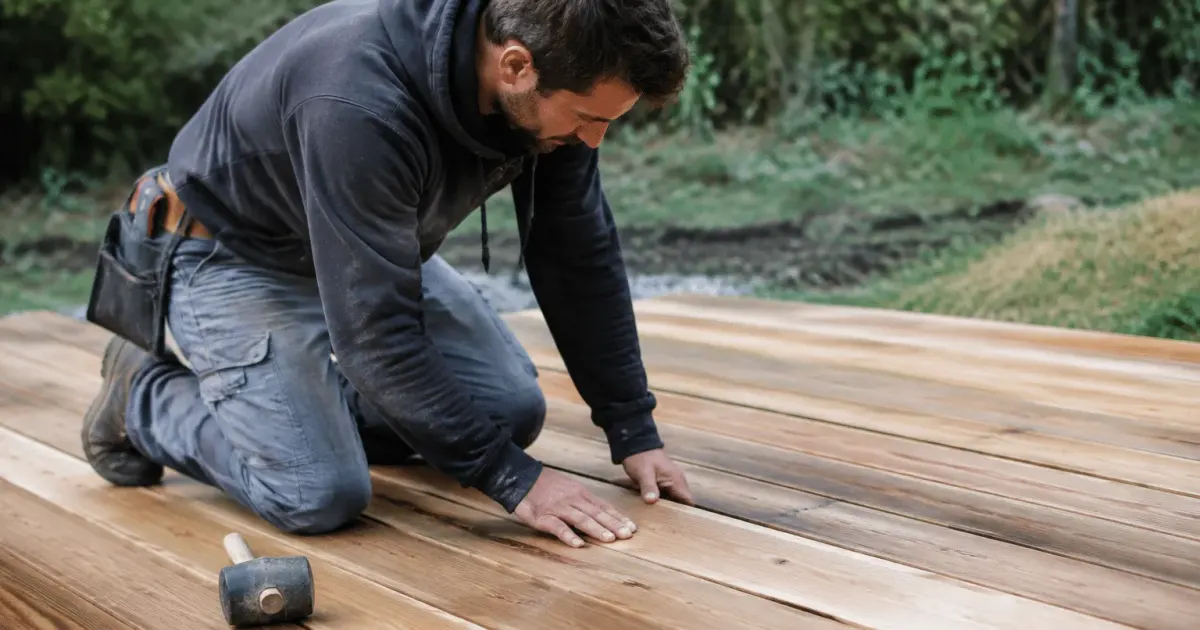 Ouvrier posant des lames de bois paralleles sur sol