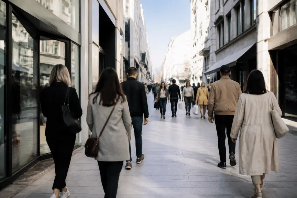 Rue animée avec commerces, immeubles modernes et piétons le jour