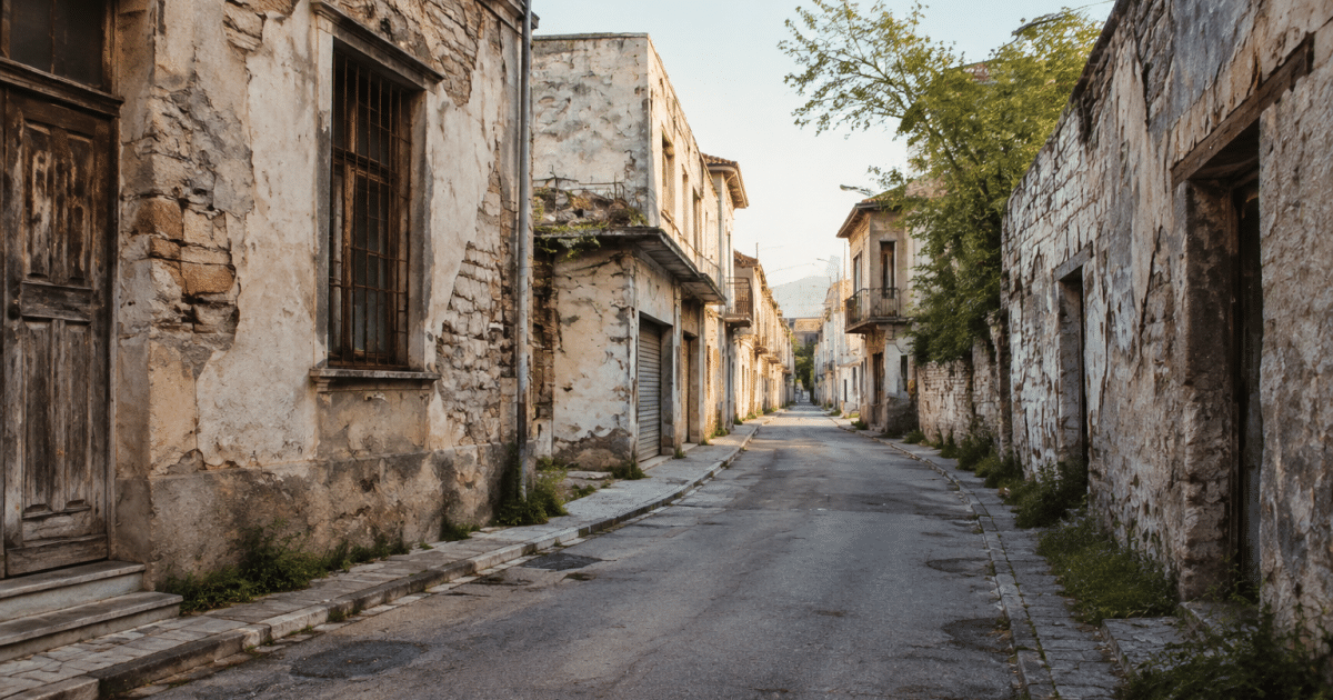 Rues desertes de ville avec batiments delabres et murs degrades