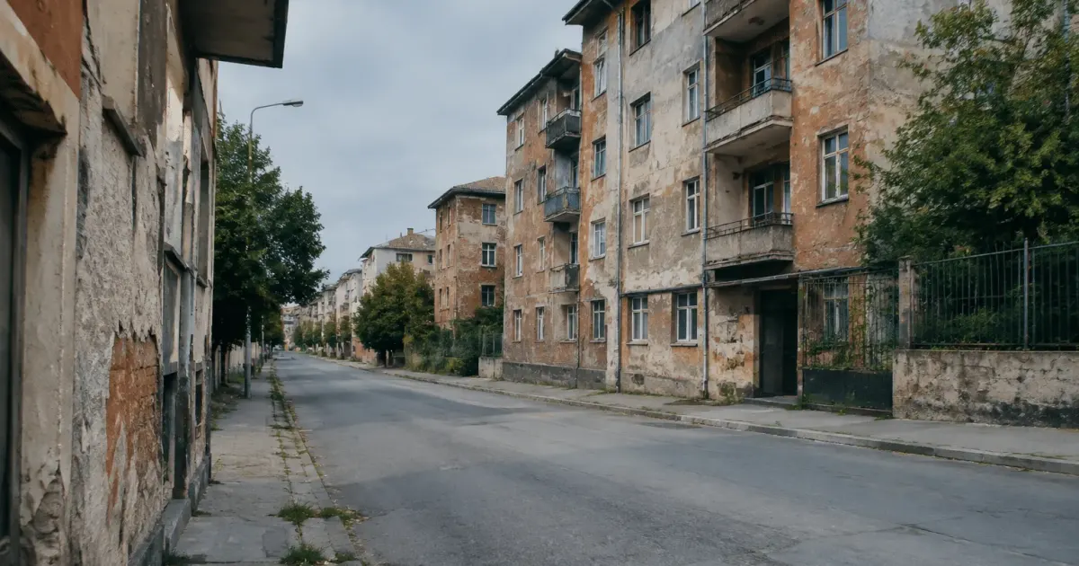 Rues desertes de quartier urbain avec immeubles deteriores en arriere-plan