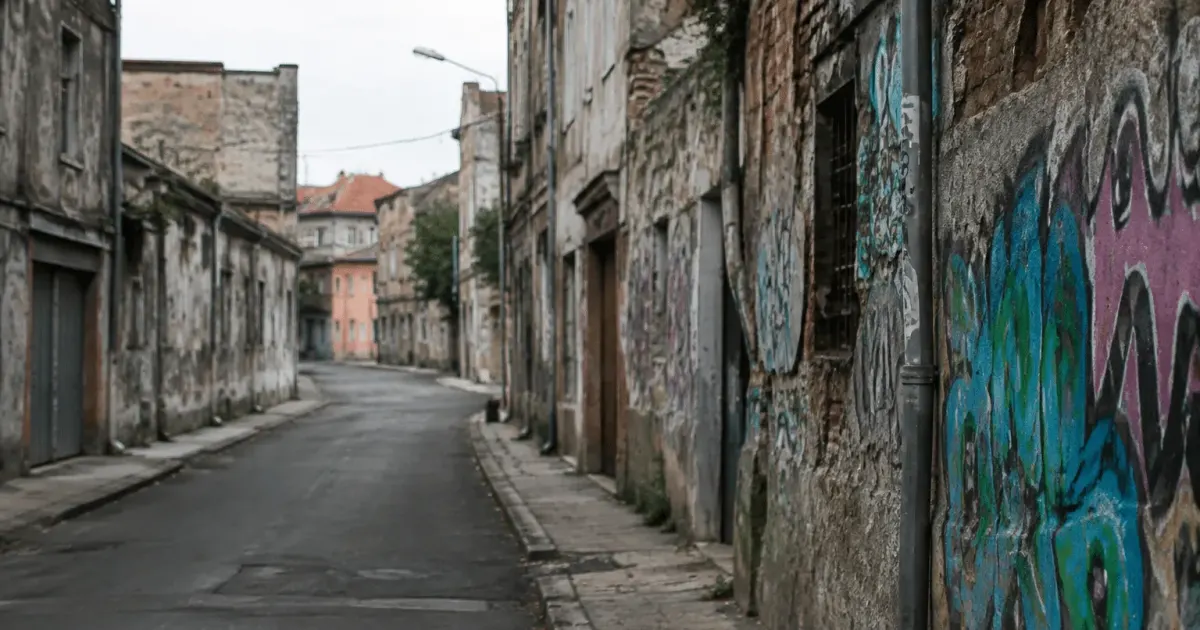 Rue urbaine déserte avec immeubles dégradés et graffitis muraux