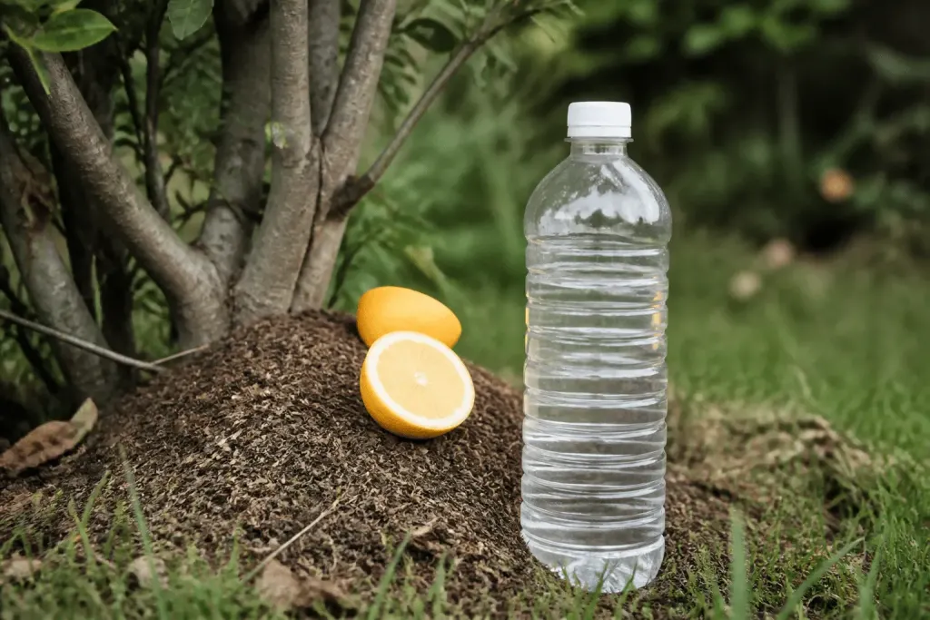 Bouteille vinaigre blanc et citrons frais sur fourmilière