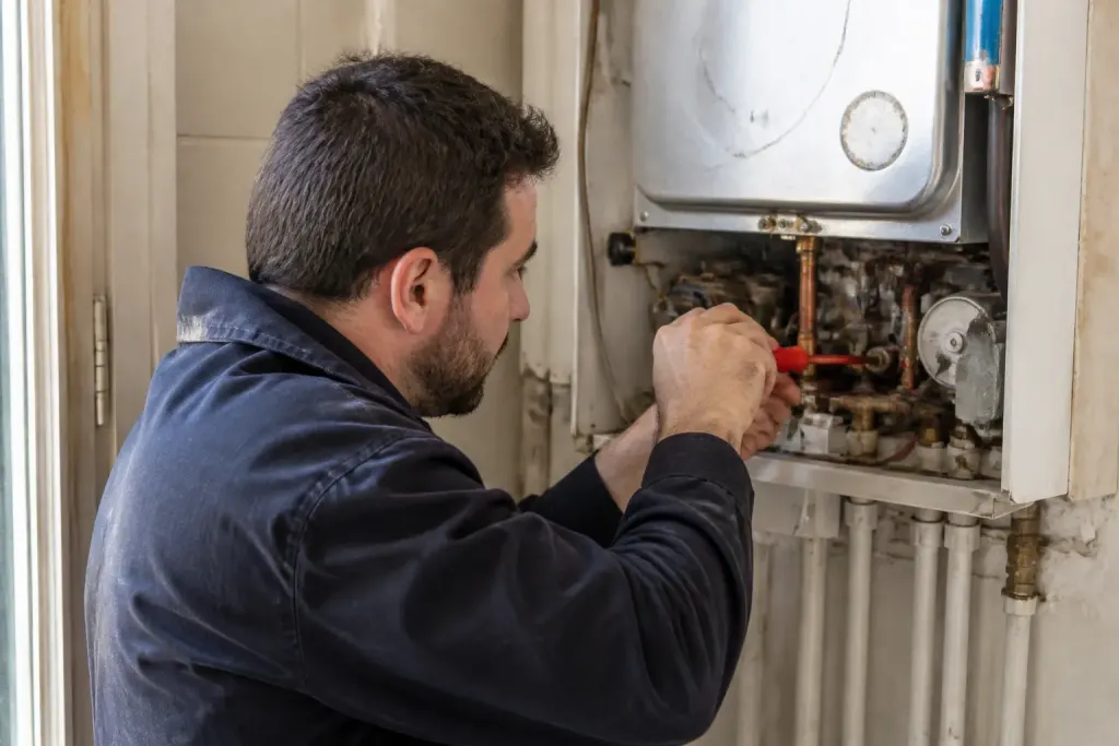 Technicien reparant chaudiere gaz avec tournevis