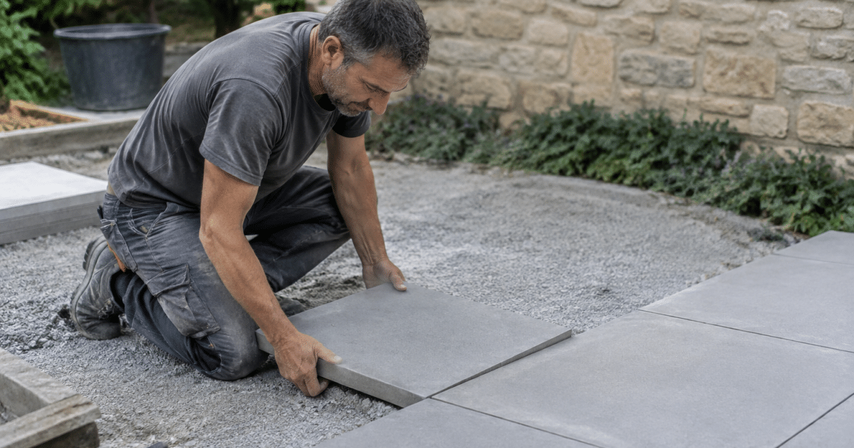 Ouvrier posant dalles beton gris sur sol exterieur