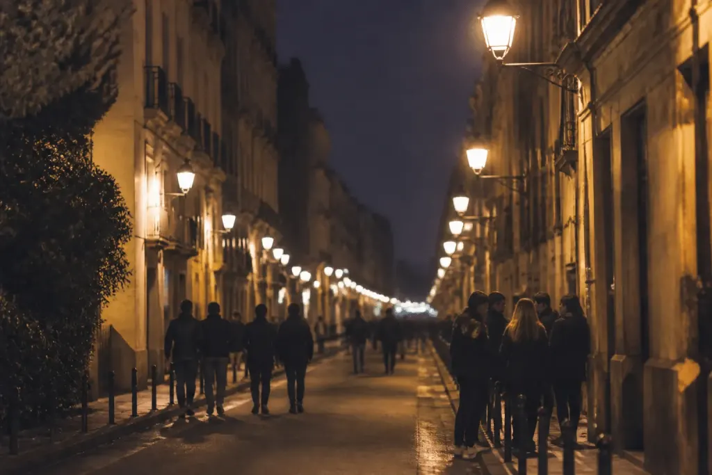 Rue de ville la nuit avec lampadaires et groupes personnes