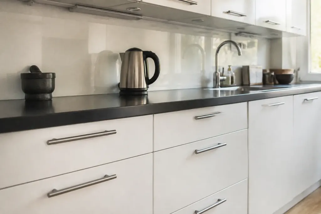 Cuisine moderne, portes blanches lisses et poignees en inox