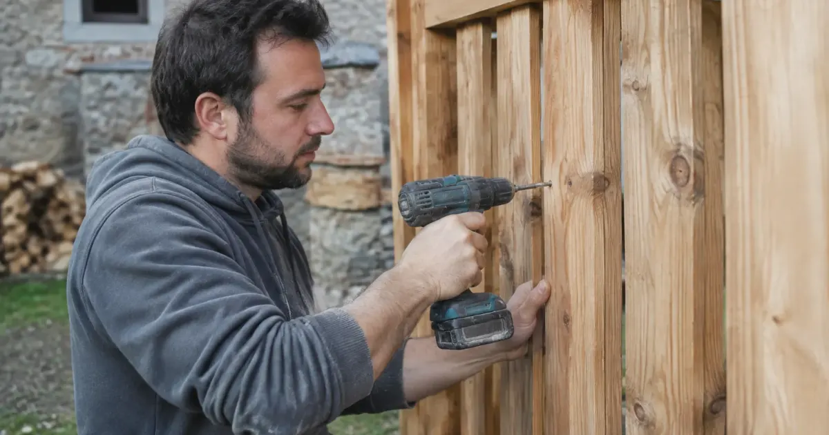 Menuisier fixant planches verticales du cadre bois