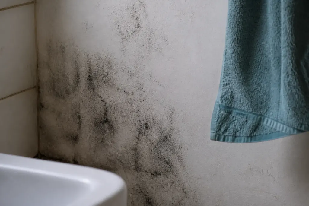 Mur de salle de bain couvert de moisissures noires