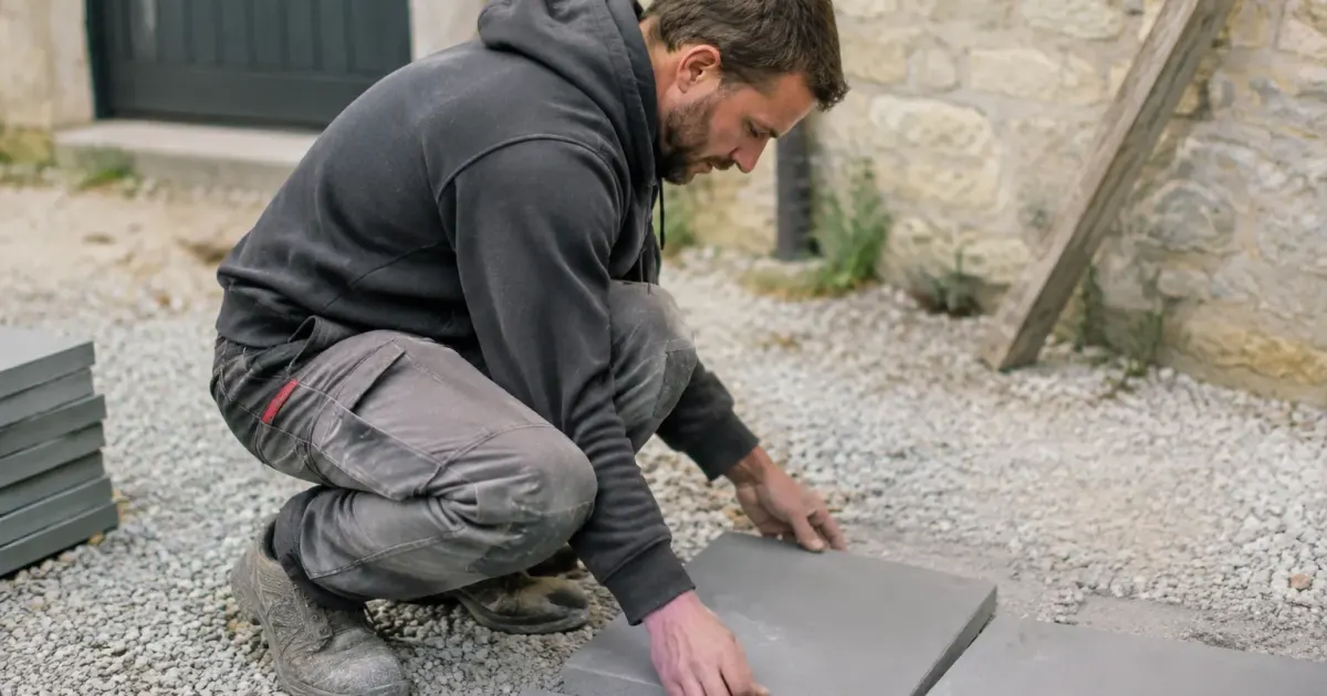 Ouvrier accroupi pose panneaux gris sur gravier fin