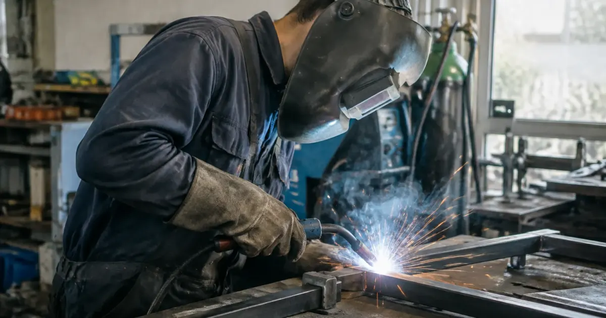 Ouvrier soude des barres metalliques noires sur un etabli