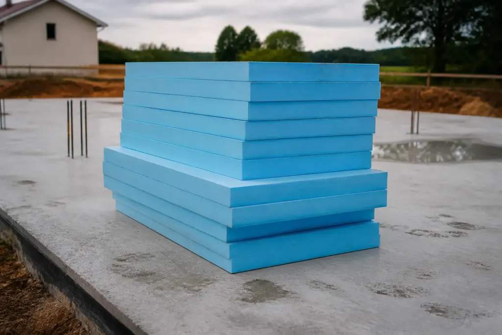 Panneaux isolants bleus poses sur une dalle de beton