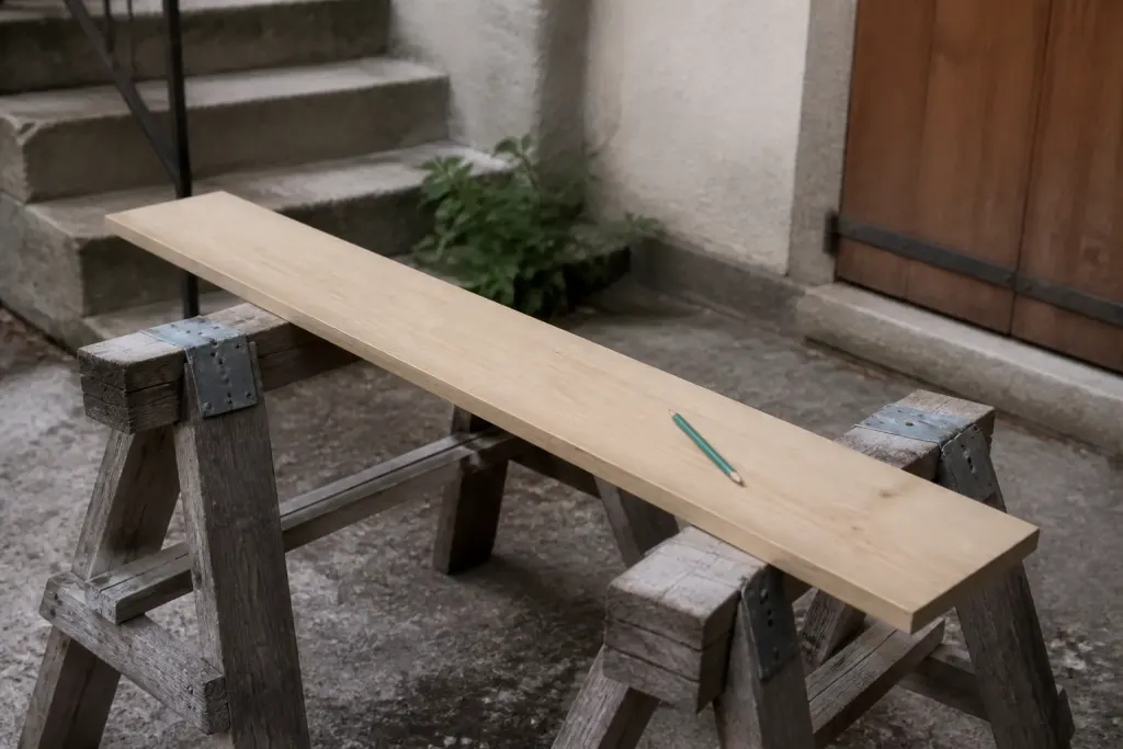 Planches de bois sur deux chevalets avec un crayon