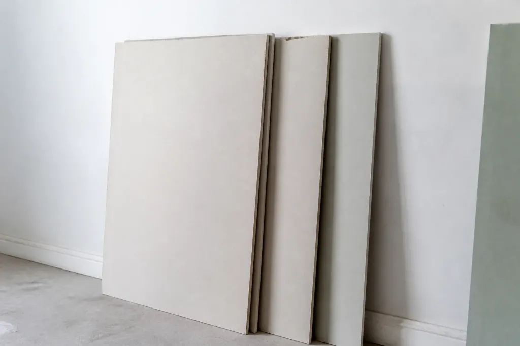Plaques placo appuyees contre mur blanc