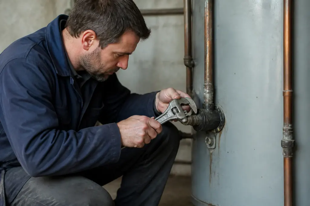 Plombier avec cles anglaises inspectant cylindre metal
