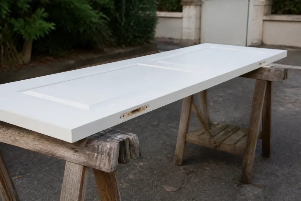 Porte blanche posee a plat sur deux treteaux
