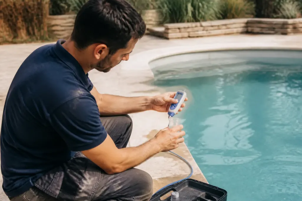 Technicien teste eau bassin piscine avec appareil detection